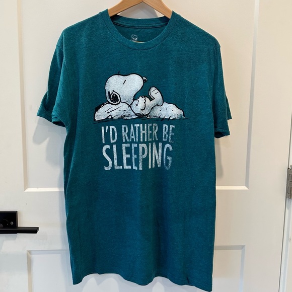 Peanuts Snoopy "I'd Rather Be Sleeping" Women's Teal Short Sleeve T-Shirt Size M - Picture 2 of 5